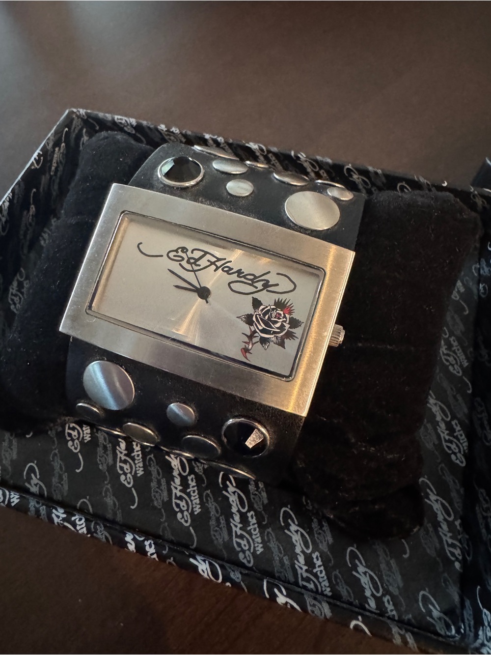 Women’s Ed Hardy Silver and Black Wide Leather Cuff Watch
